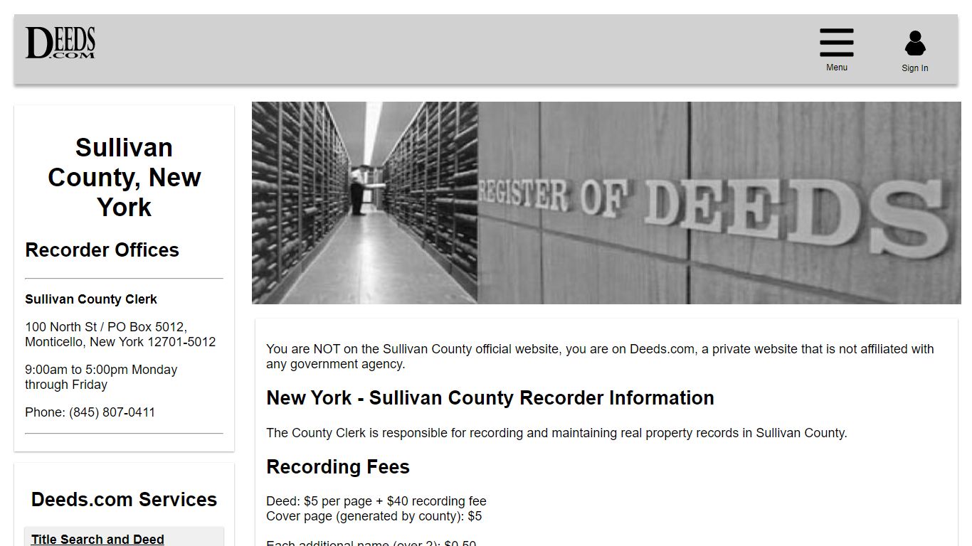 Sullivan County Recorder Information New York - Deeds.com