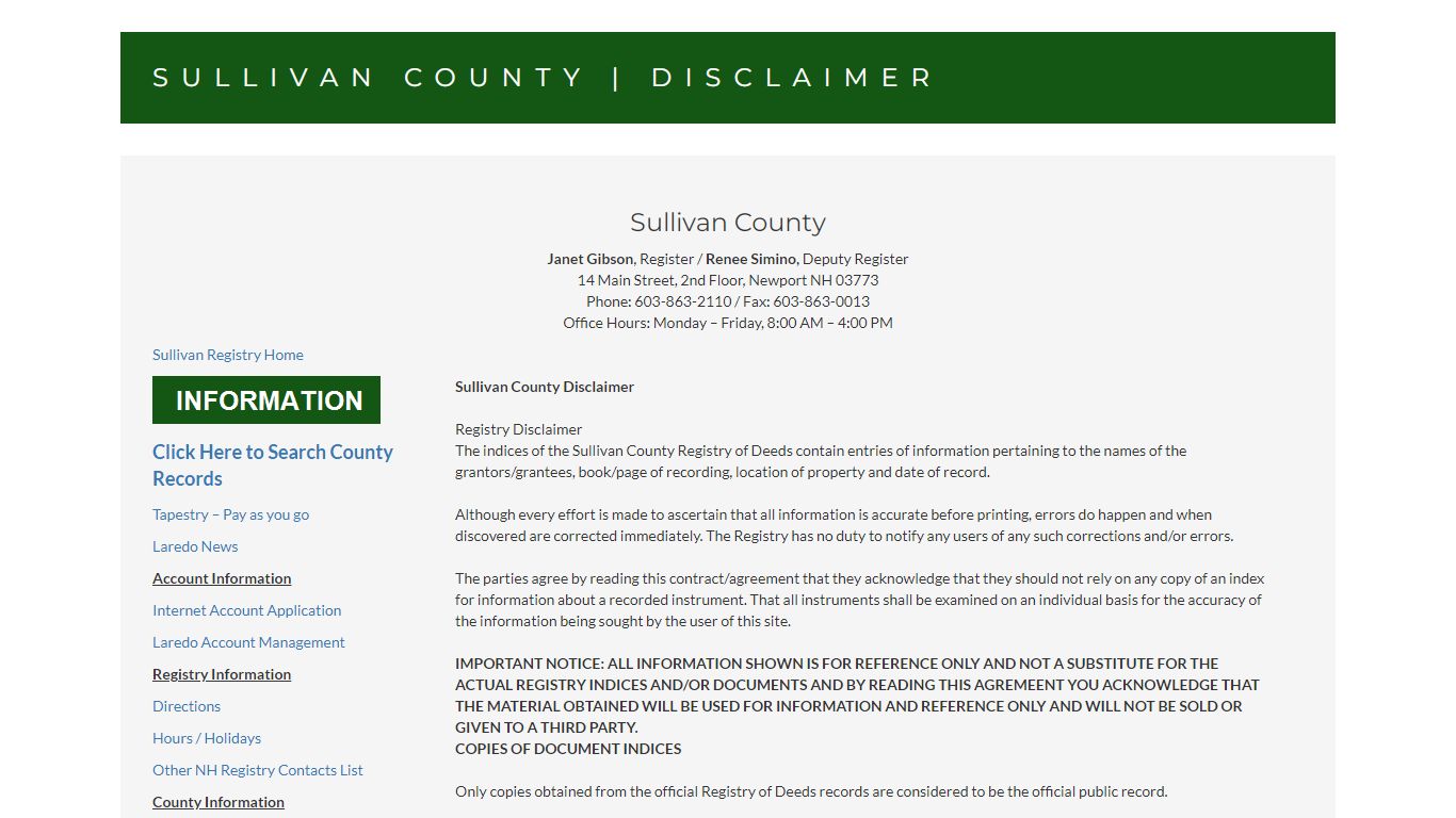 Sullivan County | Disclaimer - NHDeeds.org